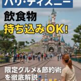 パリ・ディズニーランドのシンデレラ城を背景に、持ち込み軽食を広げている女性の後ろ姿。手前にはクロワッサンや飲み物が並び、画像全体に「飲食物持ち込みOK！」「限定グルメ＆節約術を徹底解説」のテキストが重ねられている。